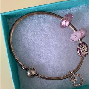 Charms Chamilia sterling silver bangle bracelet with pink crystal charms